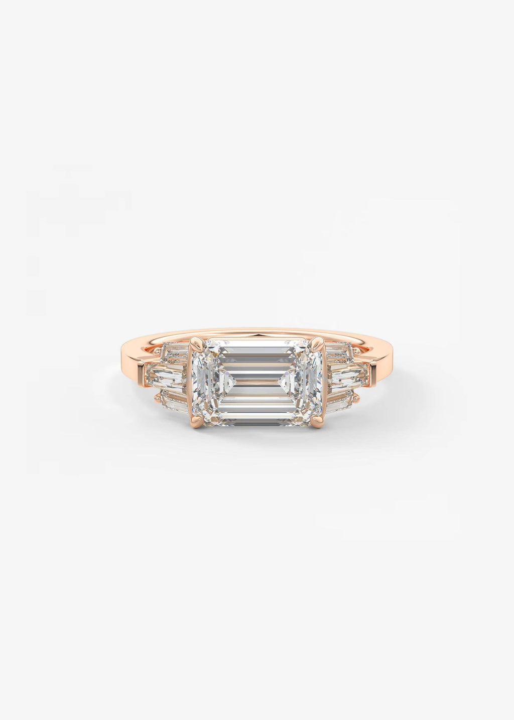 East West Emerald Cut Seven Stone Engagement Ring with Baguette Diamond Accents