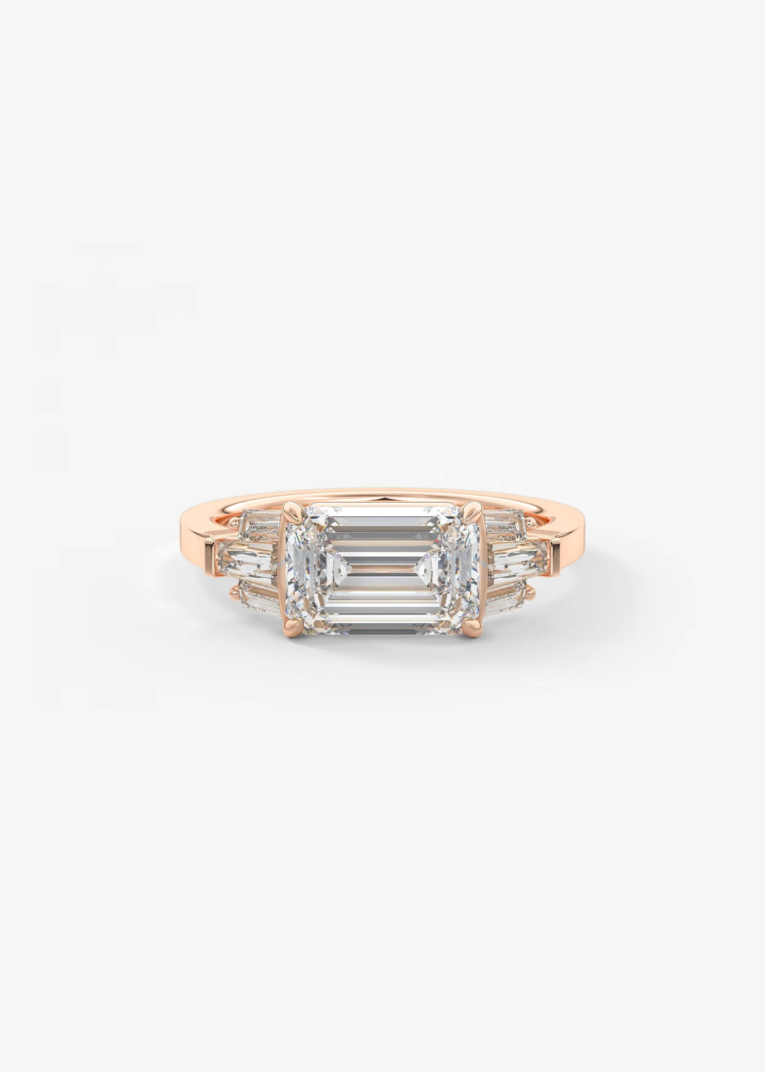 East West Emerald Cut Seven Stone Engagement Ring with Baguette Diamond Accents