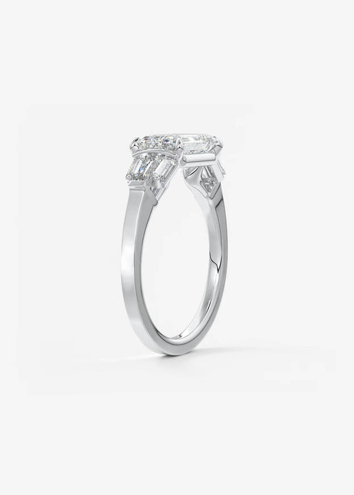 East West Emerald Cut Seven Stone Engagement Ring with Baguette Diamond Accents