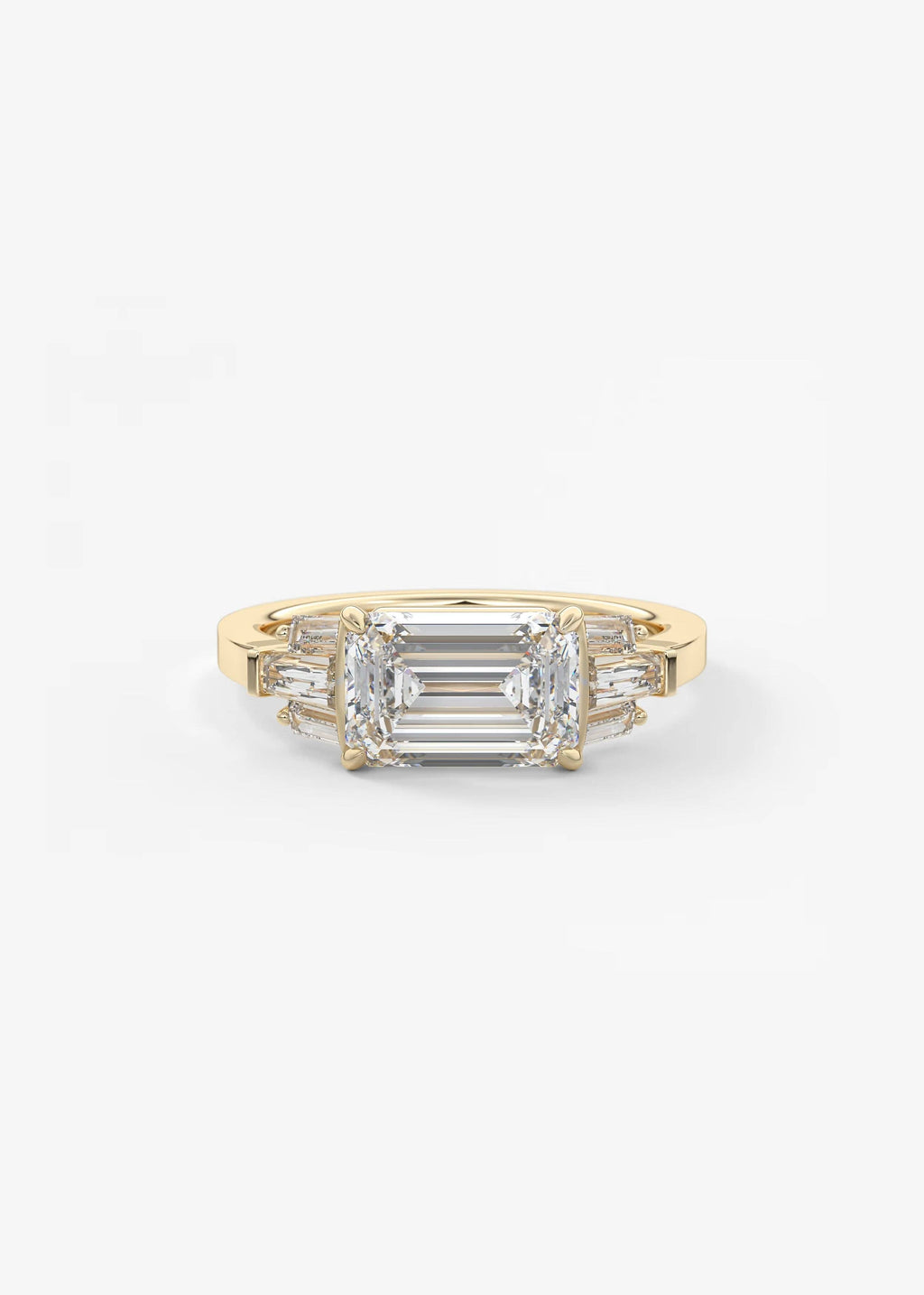 East West Emerald Cut Seven Stone Engagement Ring with Baguette Diamond Accents