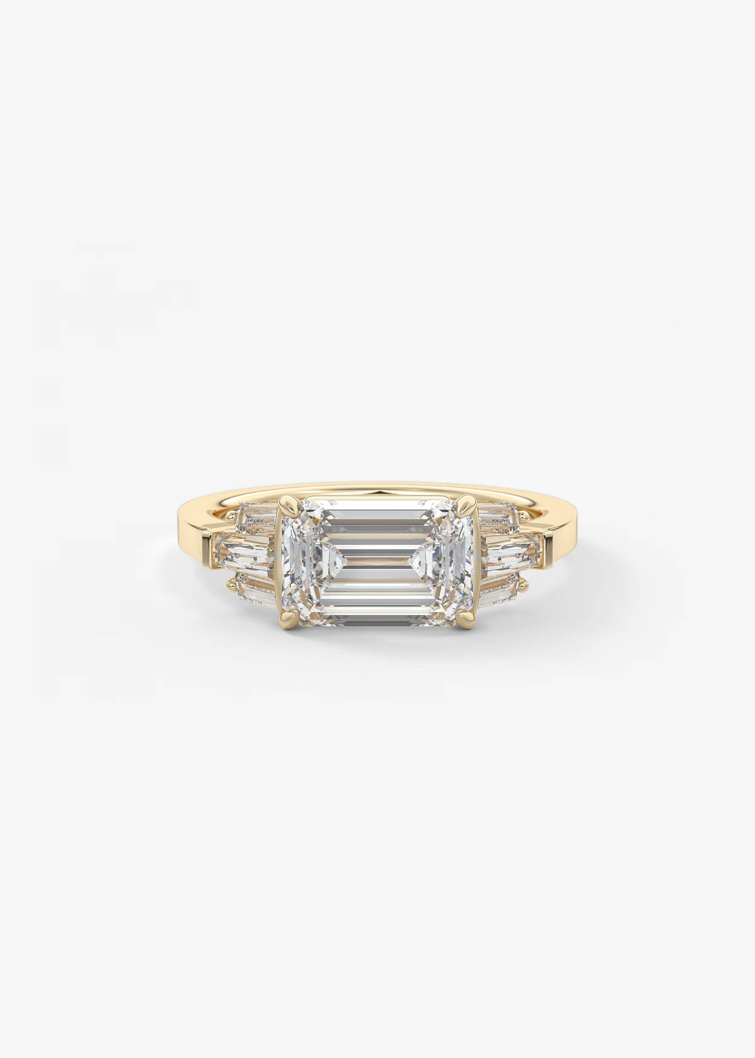 East West Emerald Cut Seven Stone Engagement Ring with Baguette Diamond Accents