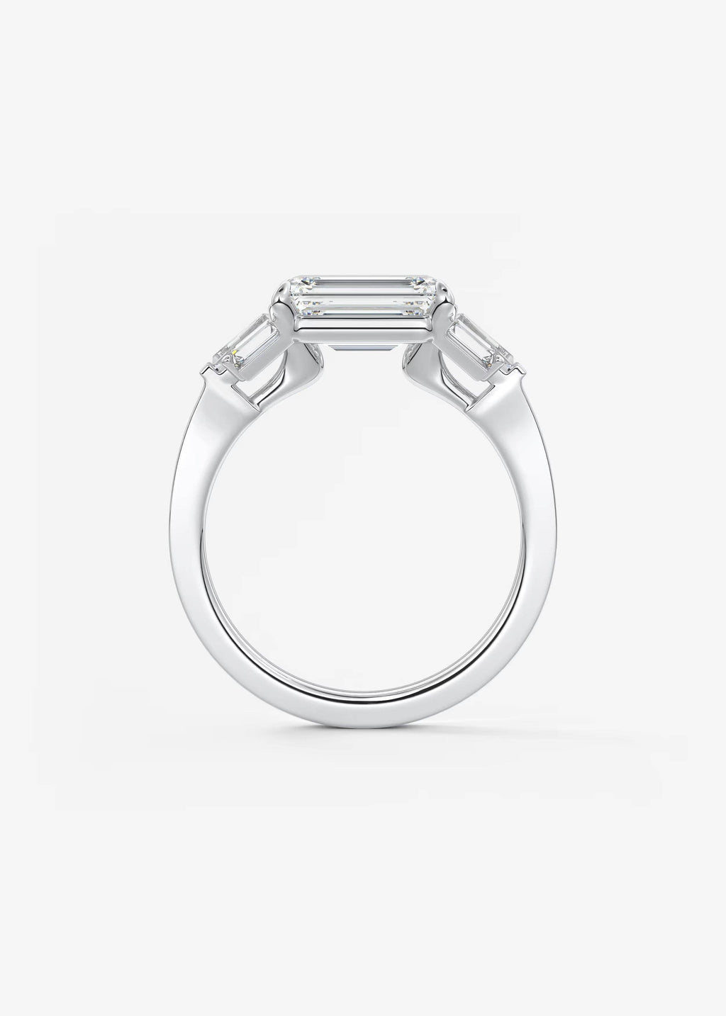 East West Emerald Cut Seven Stone Engagement Ring with Baguette Diamond Accents