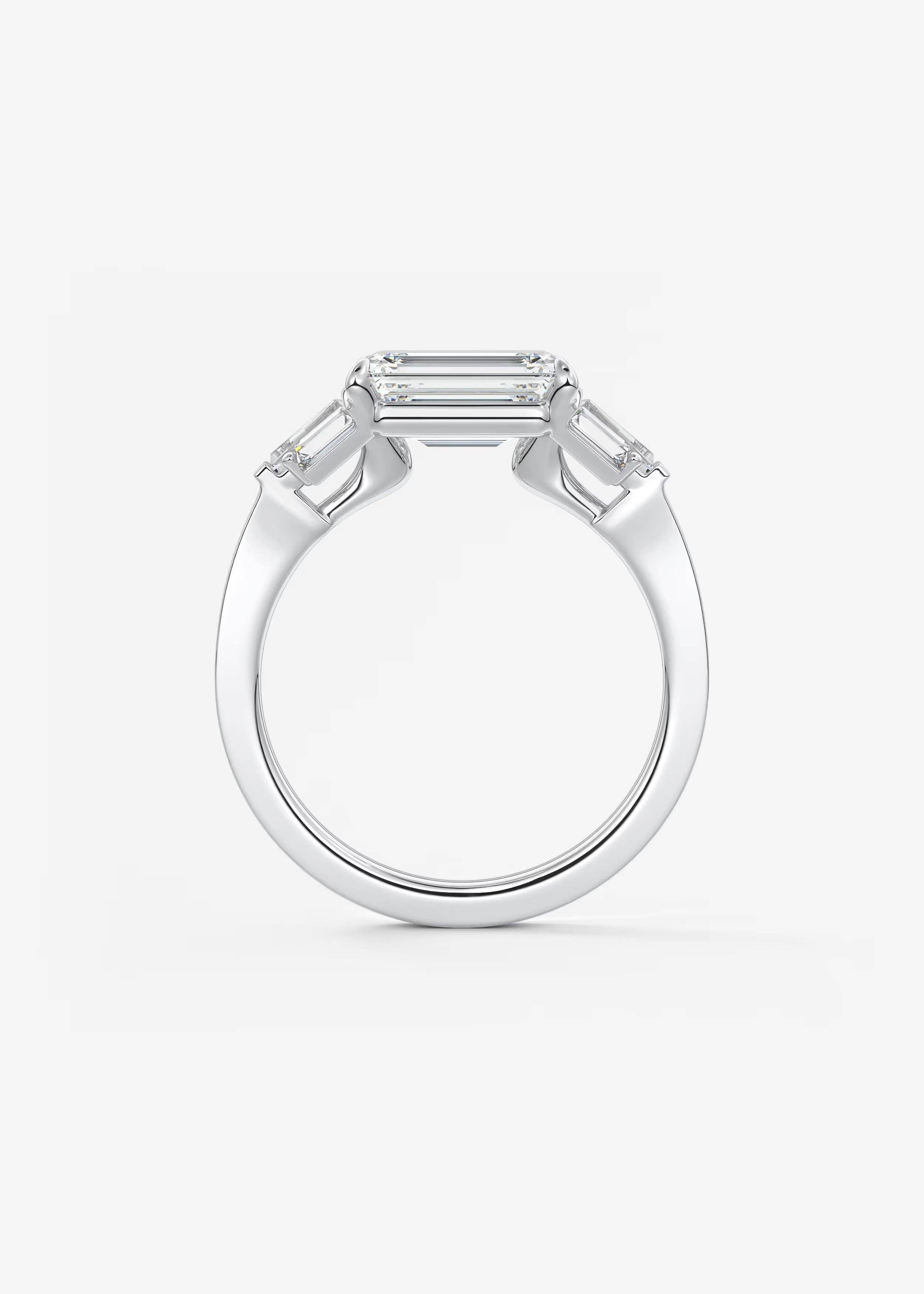 East West Emerald Cut Seven Stone Engagement Ring with Baguette Diamond Accents