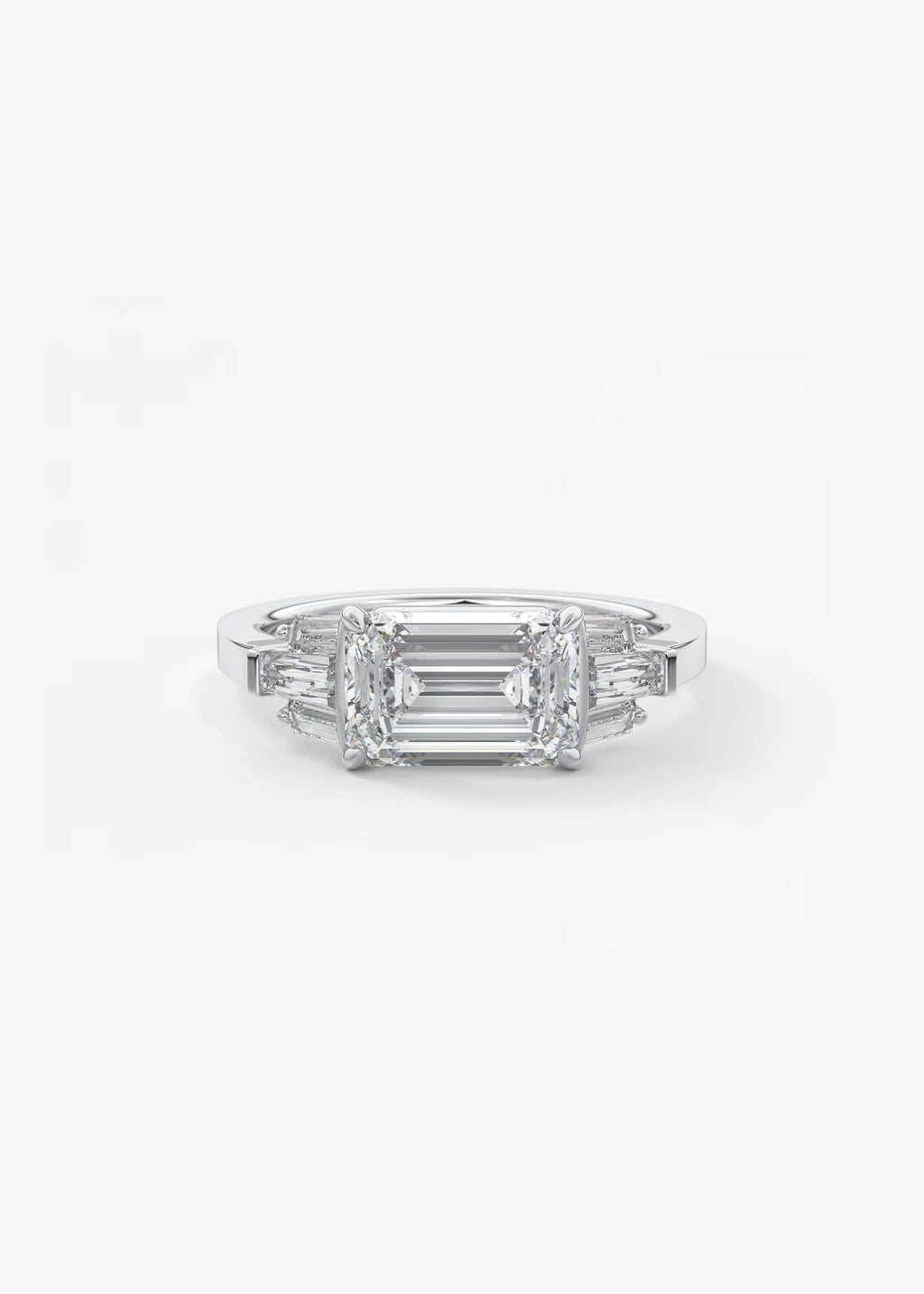 East West Emerald Cut Seven Stone Engagement Ring with Baguette Diamond Accents