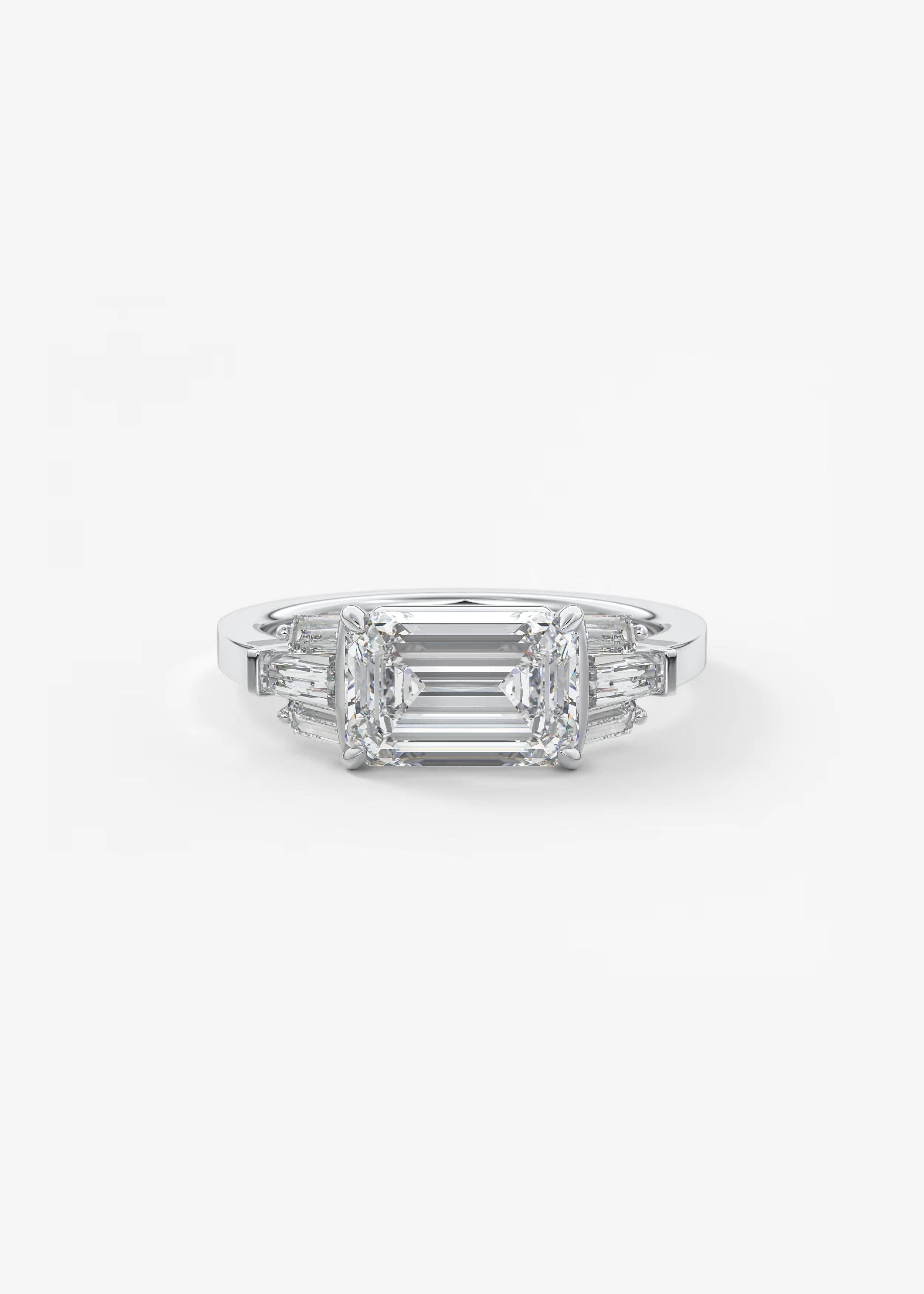 East West Emerald Cut Seven Stone Engagement Ring with Baguette Diamond Accents