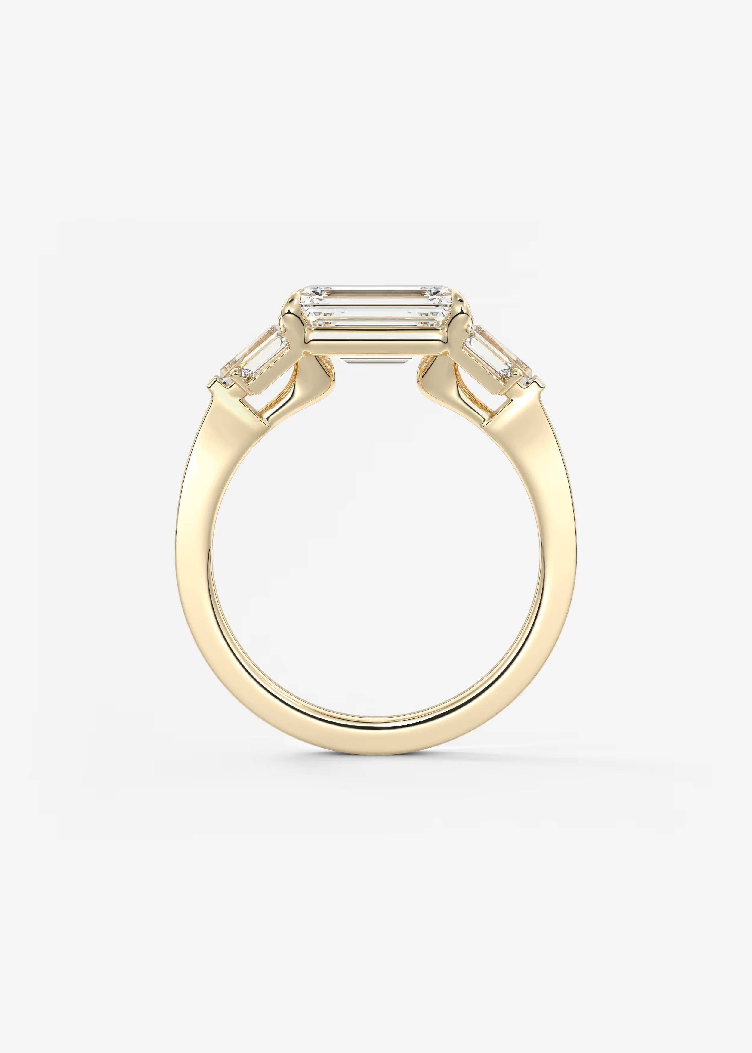 East West Emerald Cut Seven Stone Engagement Ring with Baguette Diamond Accents